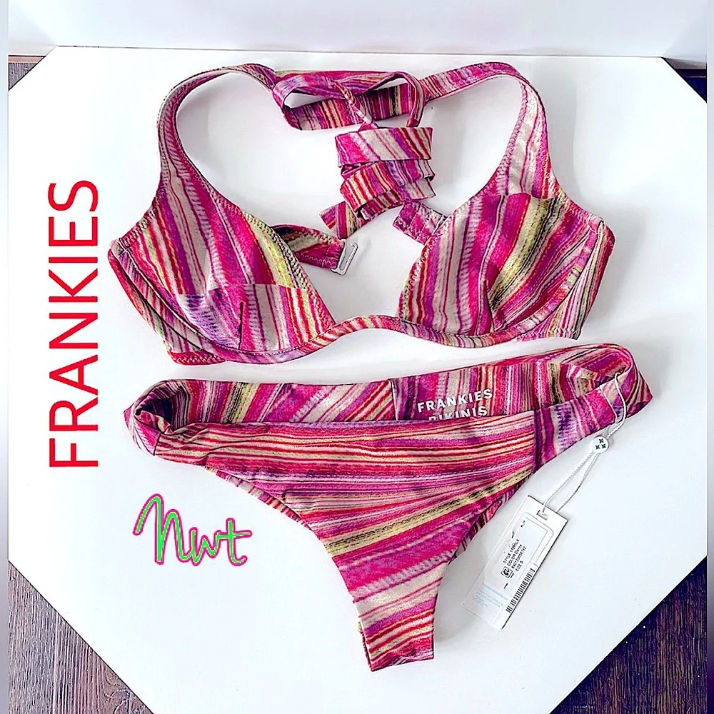 NWT FRANKIES shimmy pink gold red high leg underwire bandeau cheekini bikini set
